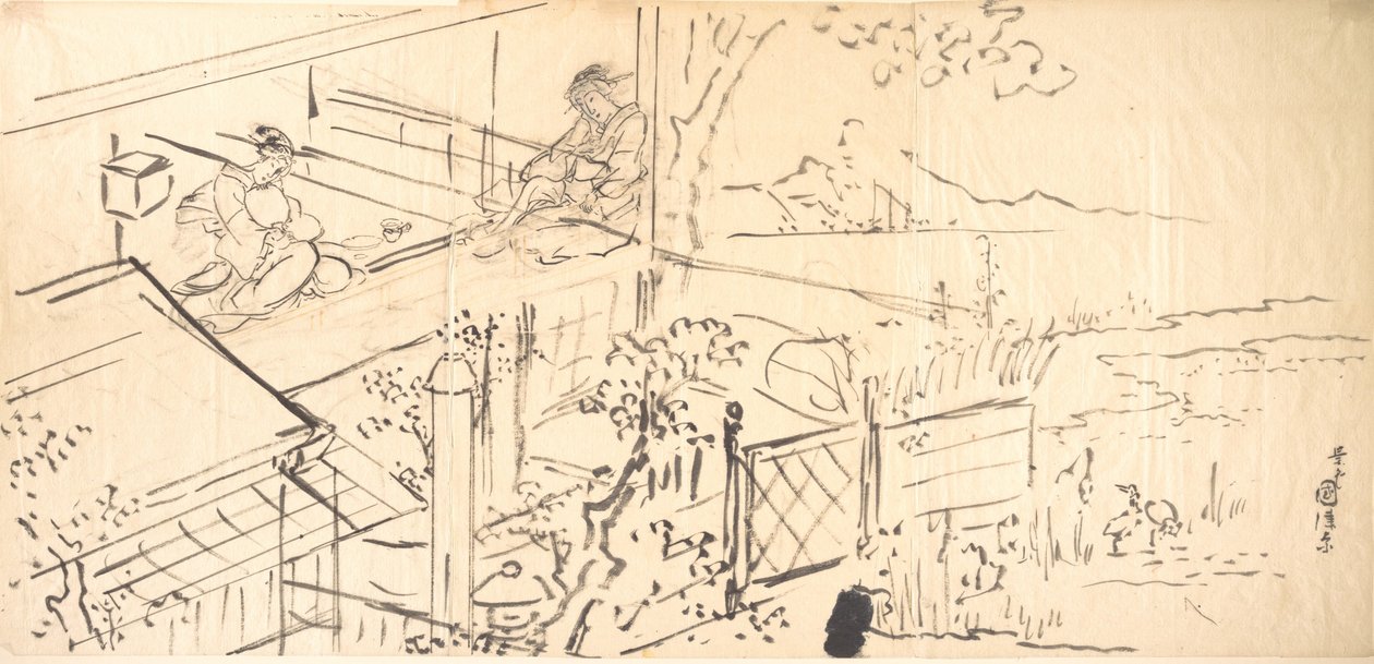 To kurtisaner nyder udsigten fra et tehus af Utagawa Kunisada