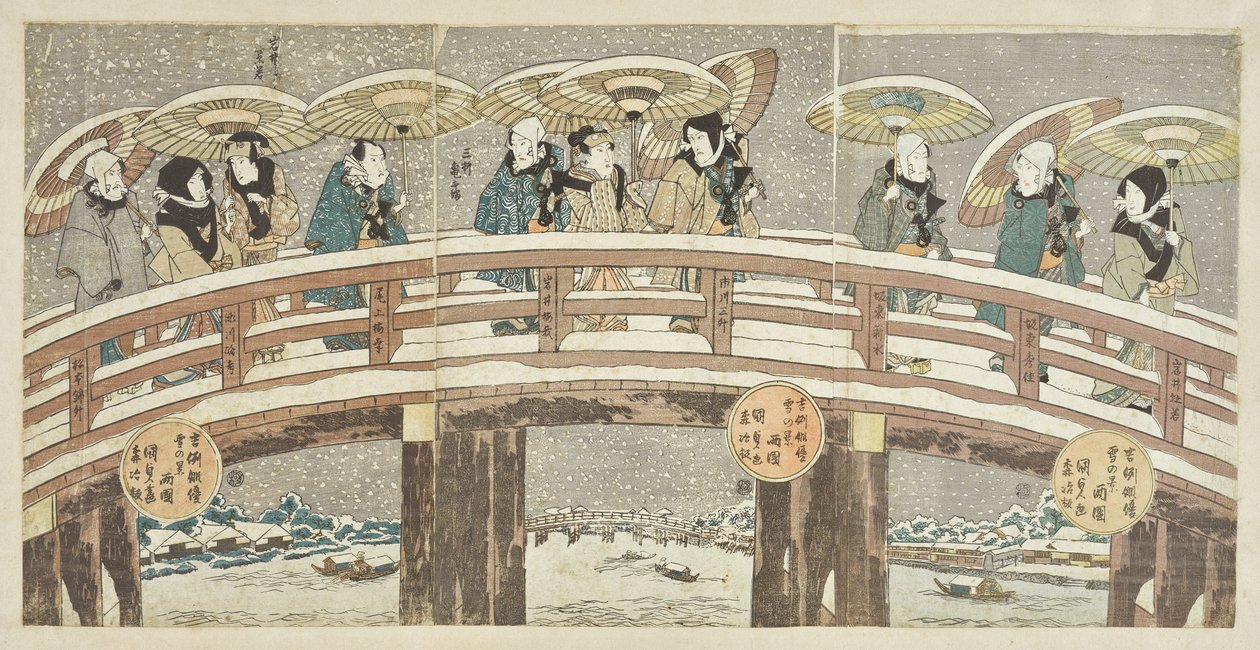 Vinterscene med en lovende skuespilleroptog af Utagawa Kunisada