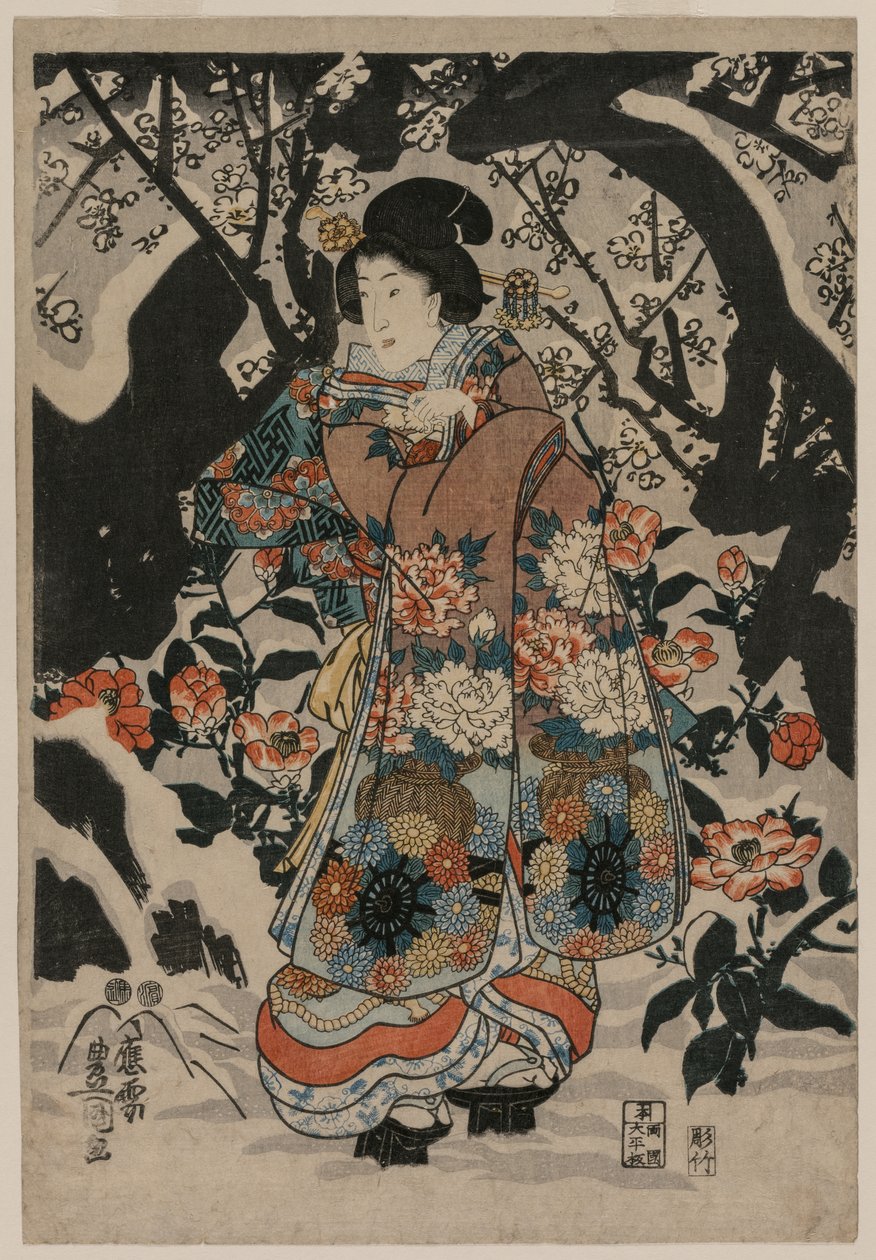 Kvinde, der står ved siden af et blommetræ af Utagawa Kunisada