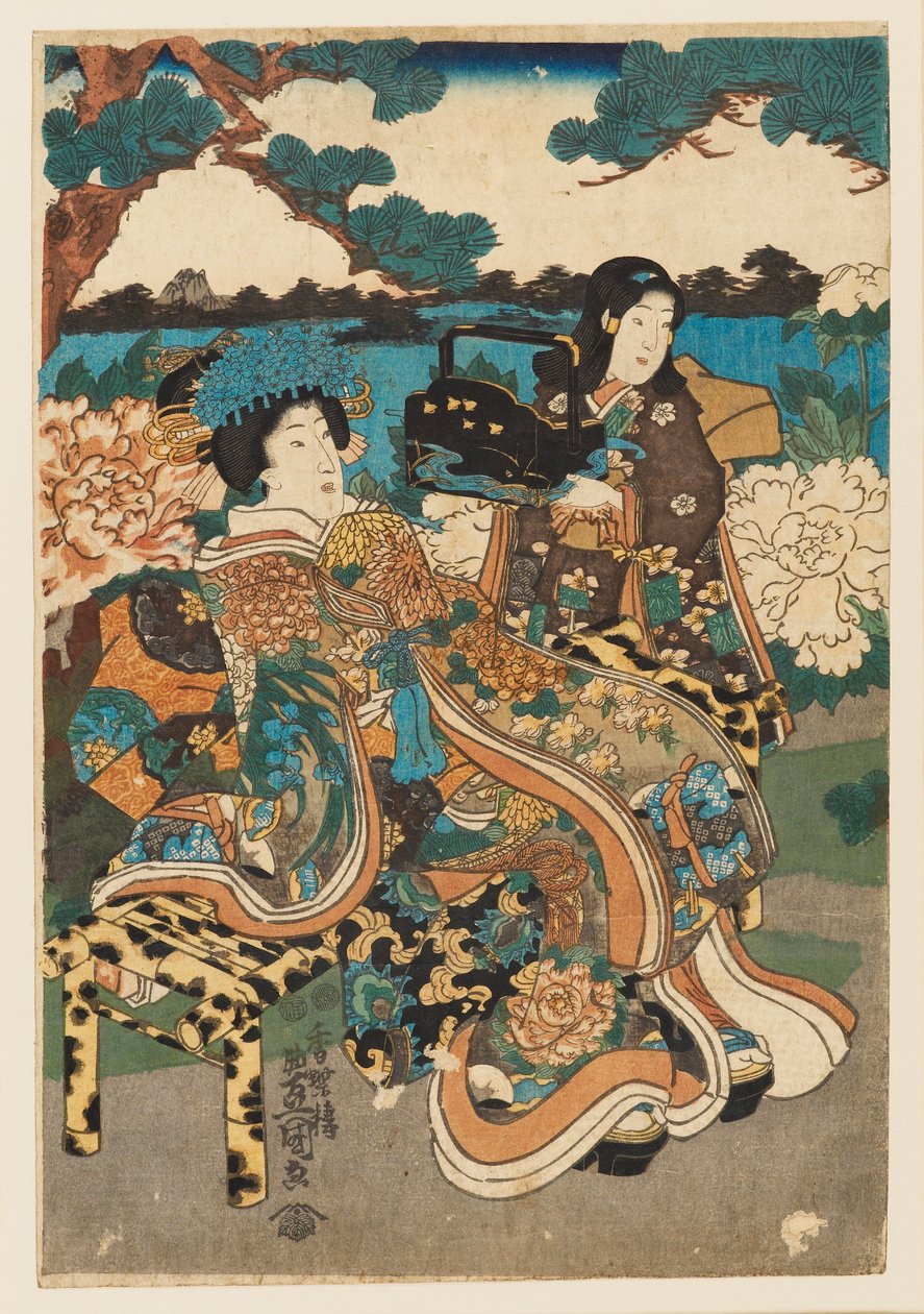 Træbloktryk - kurtisane og tjenestepige, 1786-1865 af Utagawa Kunisada