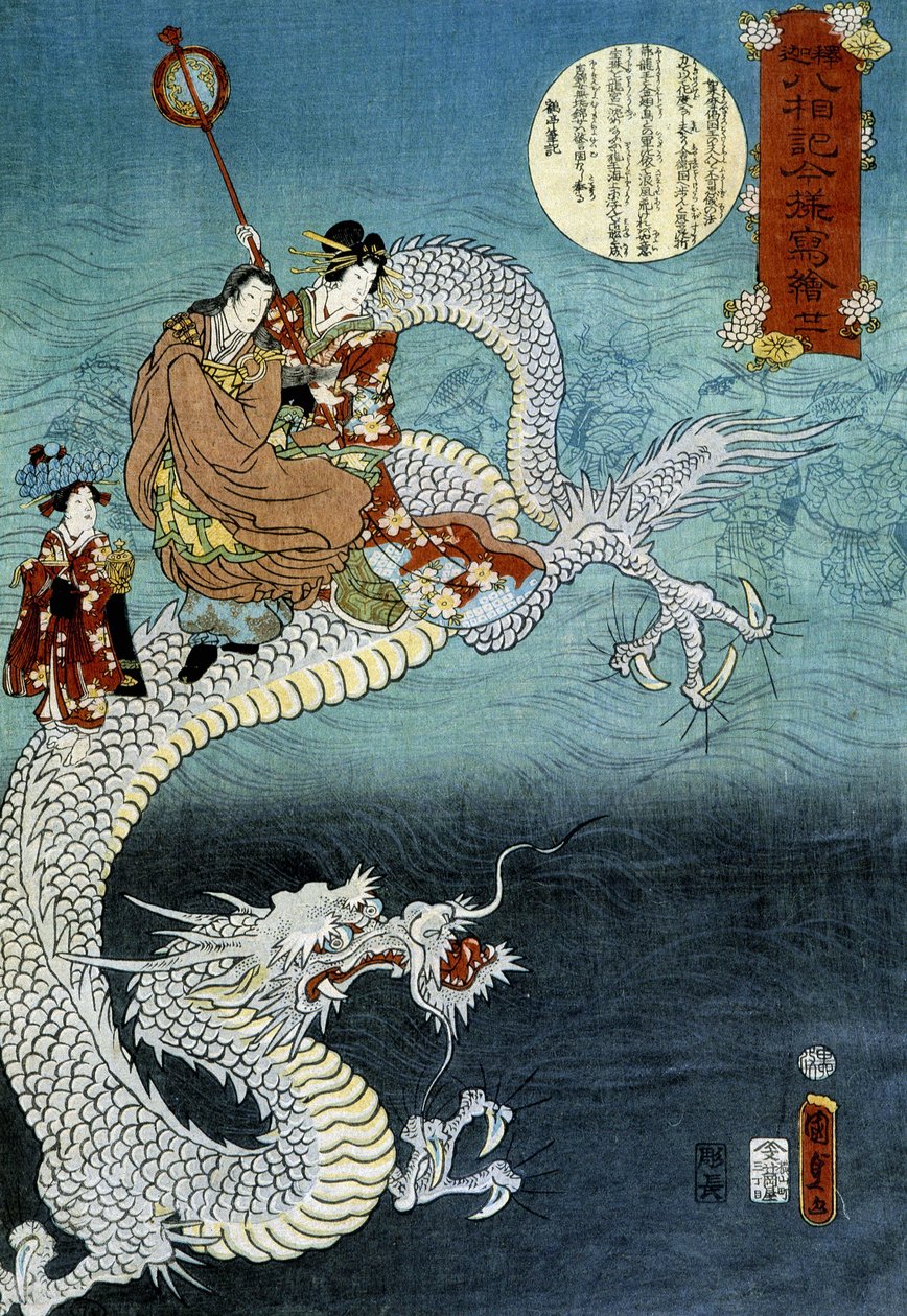 Drage og japansk i traditionel dragt - japansk tryk af Kounisoda af Utagawa Kunisada III