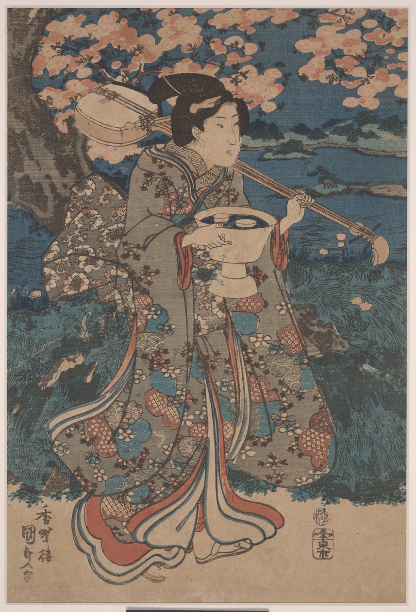 Gå til en kirsebærblomsterfest (farvet træsnit) af Utagawa Kunisada III