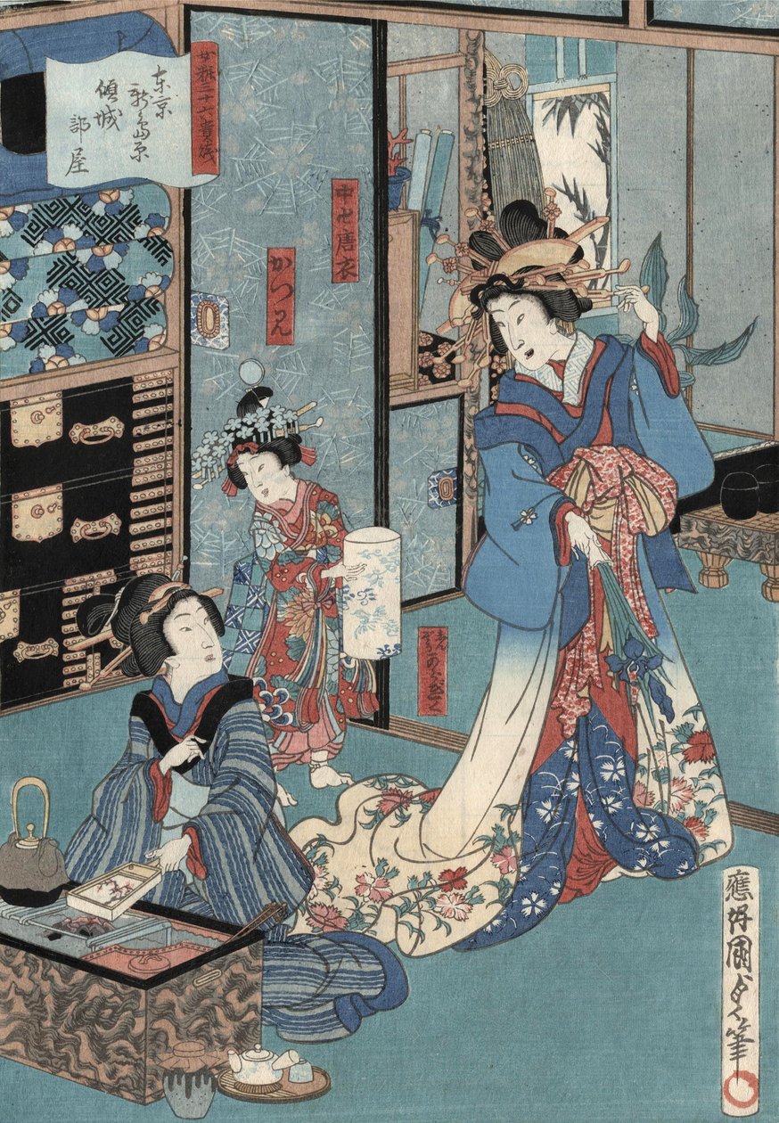 Ukiyo-e Print af Geisha med Hibachi af Kunisada II, ca. 1860 (træblok i farver) af Utagawa Kunisada II