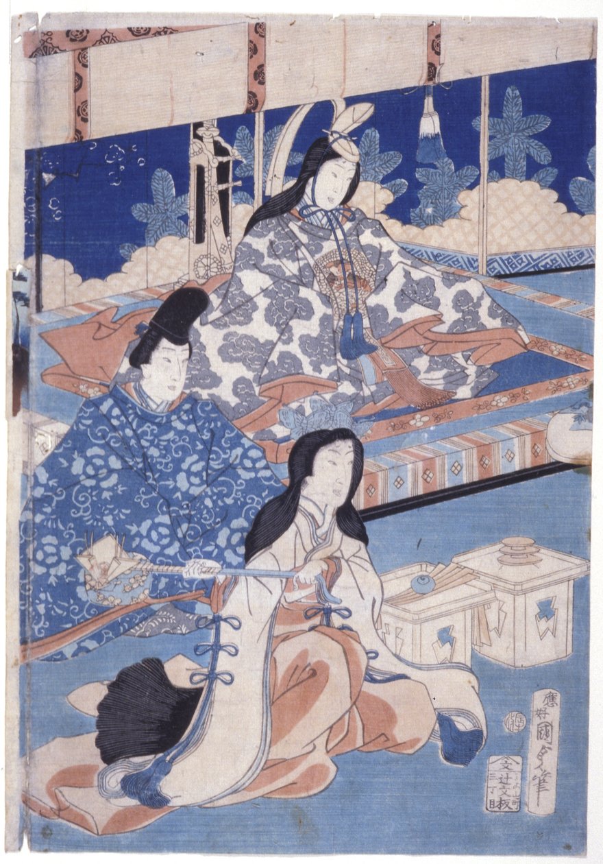 Indbydende forår med en samling af blomster (Hana Soroi Haru No Taimen) (træblok i farver) af Utagawa Kunisada II