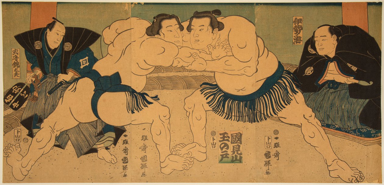 Sumobrydere kæmper, Tagasugo vs. Ayusegawa. Tryk af Utagawa Kuniteru (1808-1876) af Utagawa Kuniteru