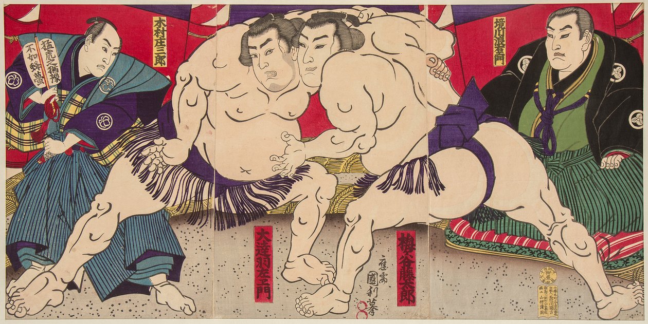 Combat des lutteurs de sumo Umegatani Rodachi et Kimura Shonosuke. 38x72,5 af Utagawa Kunitoshi