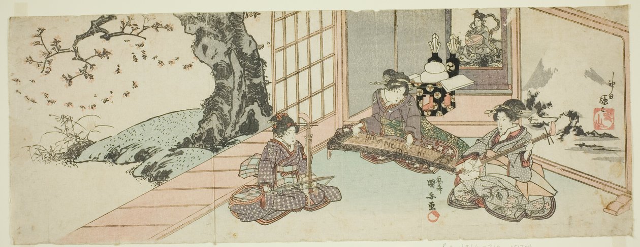 Damer, der spiller instrumenter af Utagawa Kuniyasu