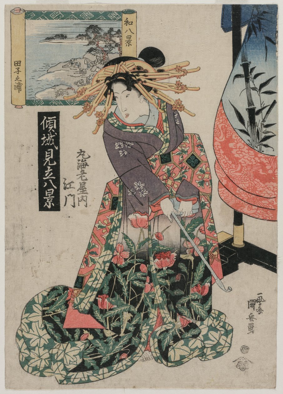 Courtesan Emon of Maruebiya med udsigt over Tago Bay (fra serien Courtesans with a Playful Group of Eight Views) af Utagawa Kuniyasu