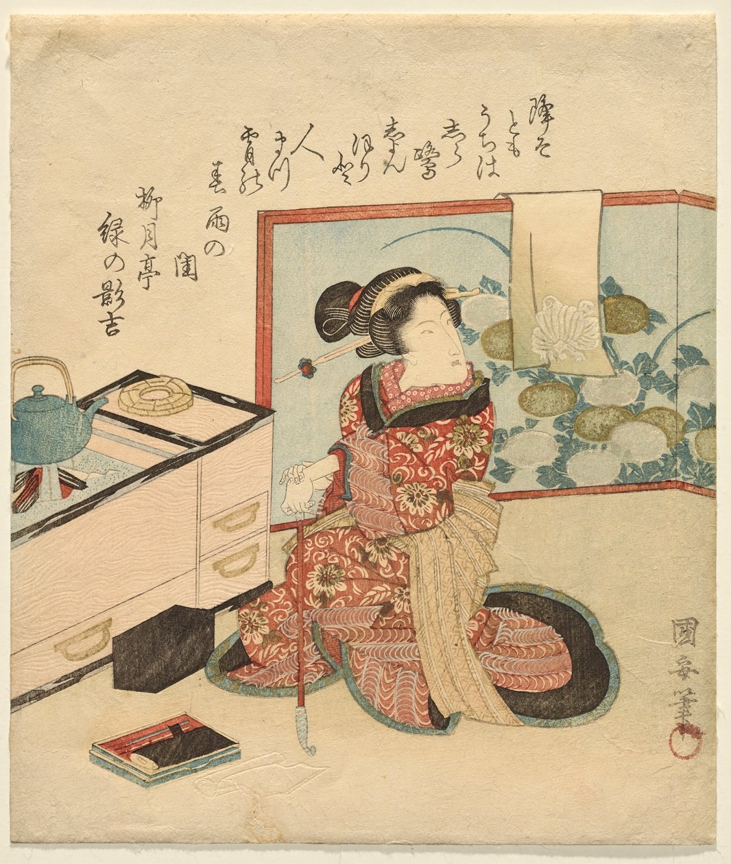 Kvinde venter lænet på røret af Utagawa Kuniyasu