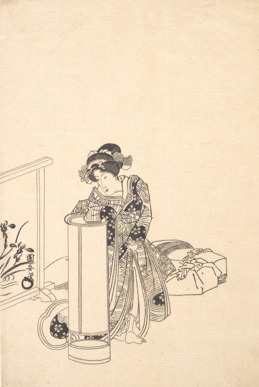 Ung kvinde læner sig over en høj lampe. af Utagawa Kuniyasu