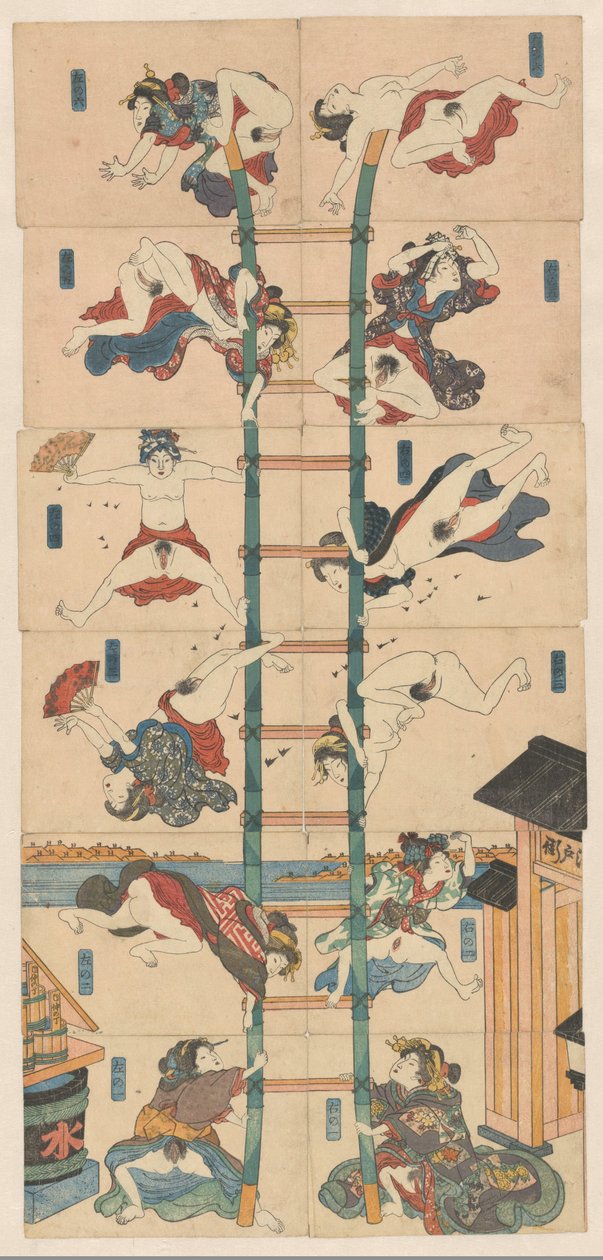 Serie på tolv koban Shunga med prostituerede i rollen som akrobatiske brandmænd af Utagawa Kuniyoshi (school of)