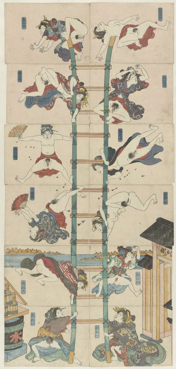 Serie på tolv koban Shunga med prostituerede i rollen som akrobatiske brandmænd af Utagawa Kuniyoshi (school of)