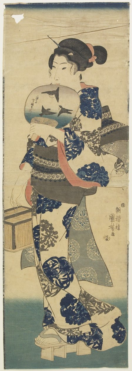 (Kvinde med fan og cricketbur), 1843-1847 af Utagawa Kuniyoshi