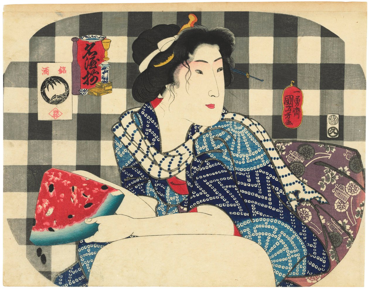 En kvinde med en skive vandmelon fra serien Famous Brands of Sake (Meishu zoroi) af Utagawa Kuniyoshi