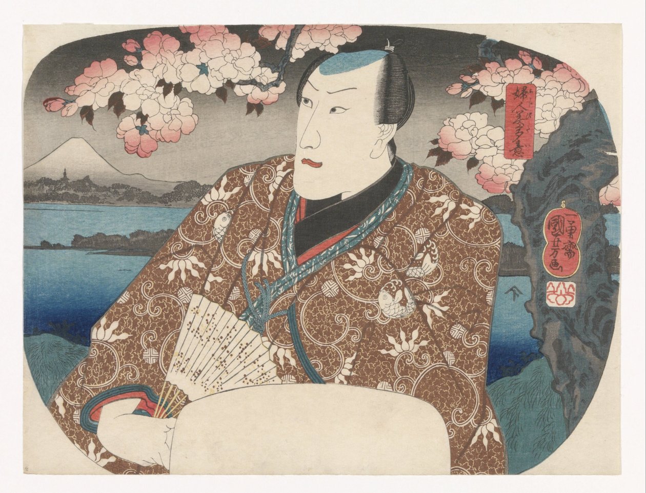 Skuespiller med vifte under kirsebærblomst af Utagawa Kuniyoshi