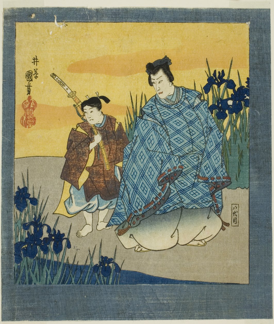 Skuespiller Ichikawa Danjuro VIII som Narihira ved Yatsuhashi fra "En seksdobbelt skærm af berømte billeder (Meiga rokushi byobu)" af Utagawa Kuniyoshi