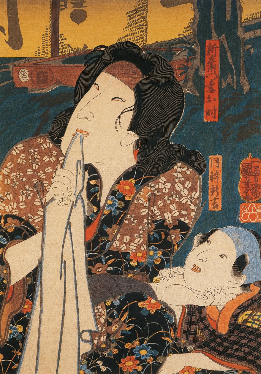 Skuespiller i eftertænksom positur ved siden af barnet, af Utagawa Kuniyoshi, træsnit af Utagawa Kuniyoshi