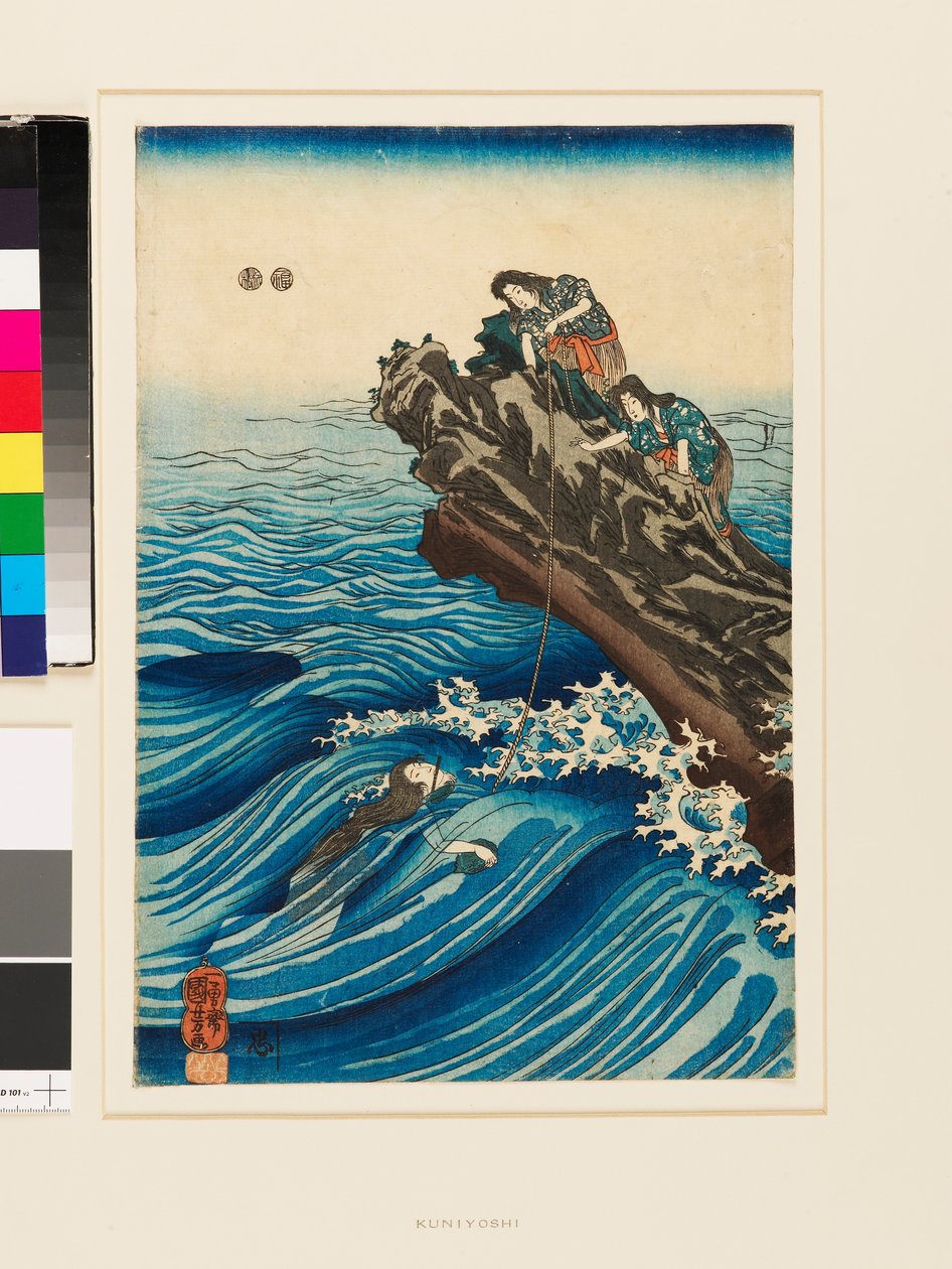 Ama svømmer hen til en klippe, hvor der sidder to andre amaer af Utagawa Kuniyoshi