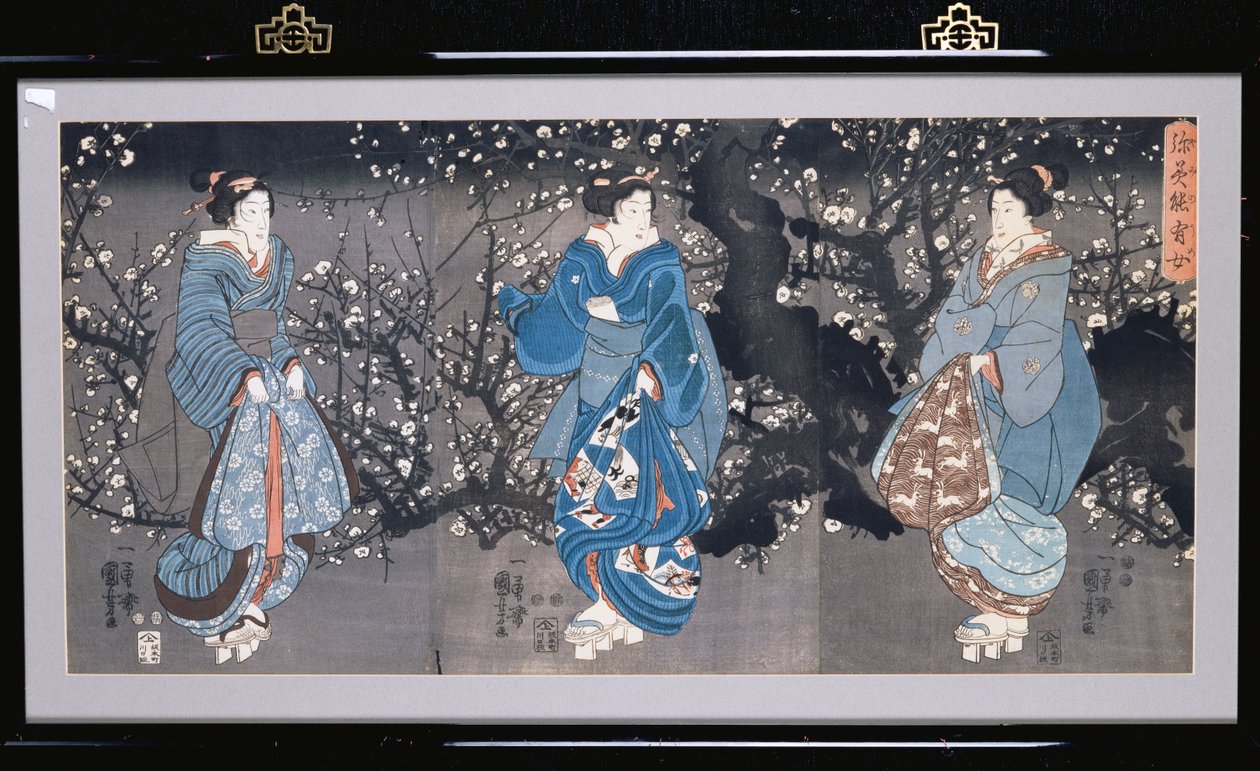 En oban triptykon, der skildrer en natlig scene med tre Bijin af Utagawa Kuniyoshi