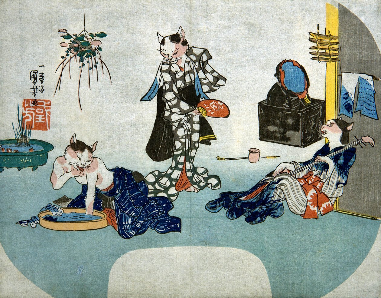 Antropomorfe katte slapper af om sommeren, ca. 1842 af Utagawa Kuniyoshi