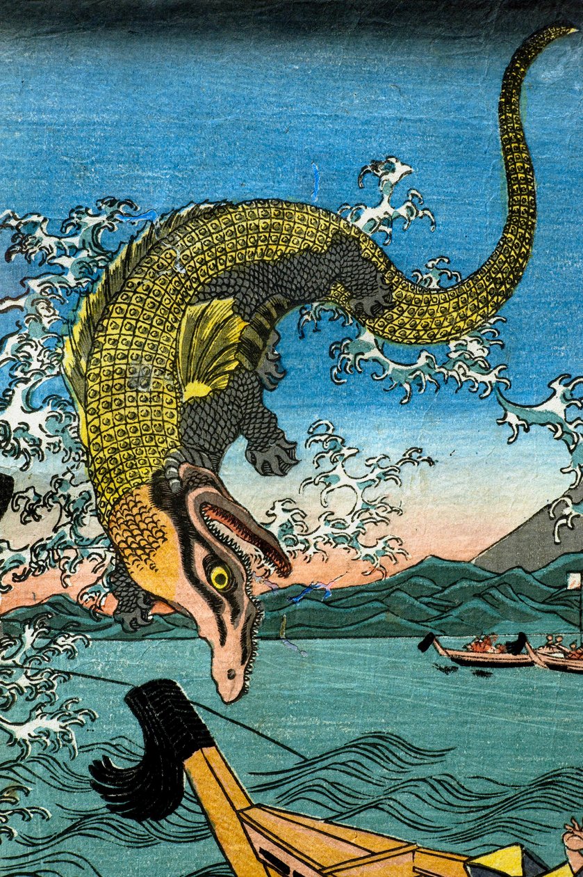 Asahina Yoshihides kamp med to krokodiller i havet ud for Kamakura Kotsubo af Utagawa Kuniyoshi