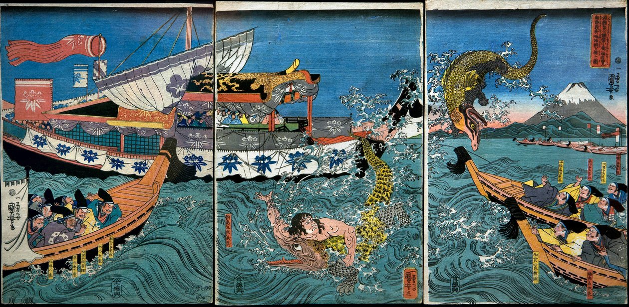 Asahina Yoshihides kamp med to krokodiller i havet ud for Kamakura Kotsubo af Utagawa Kuniyoshi
