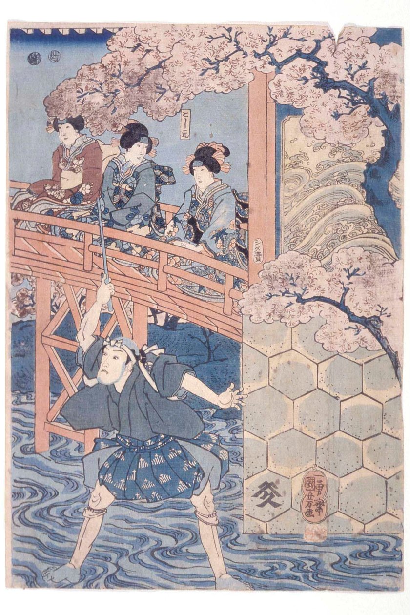 Bandō Hikosaburō IV som Ashikaga Yoshimasa og Ichikawa Kodanji IV som Asakura Tōgo fra kabuki-stykket Higashiyama sakura sōshi af Utagawa Kuniyoshi