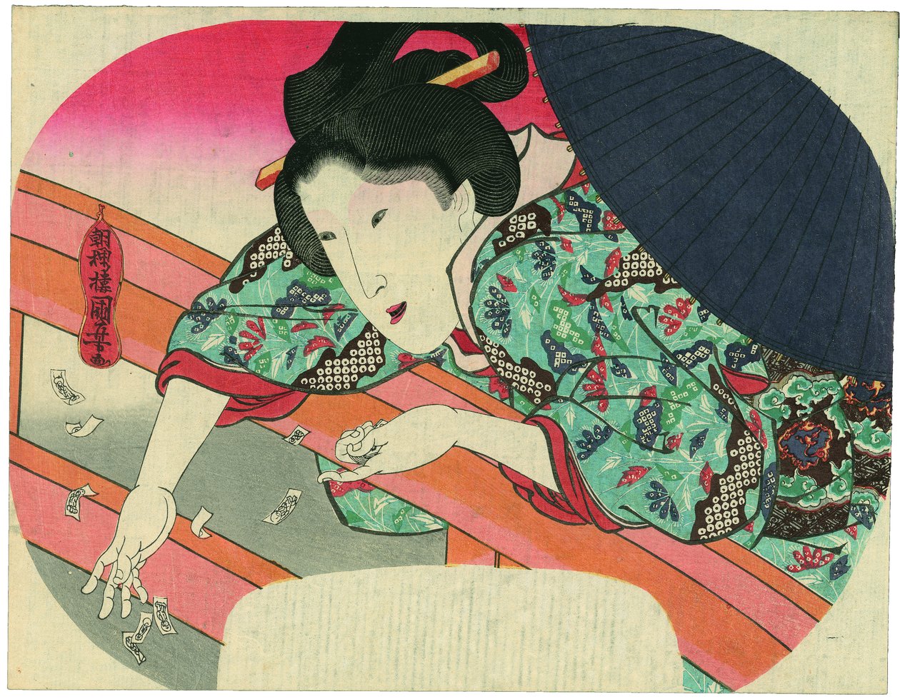 En skønhed kaster bønnesedler til bodhisattva Jizō i Sumida-floden for at berolige de druknedes ånder af Utagawa Kuniyoshi
