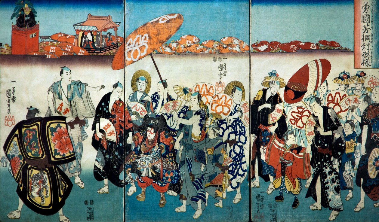 Modig Kuniyoshi med sit Paulownia-design (Isamashiki Kuniyoshi kiri no tsuimoyō) 1848 af Utagawa Kuniyoshi