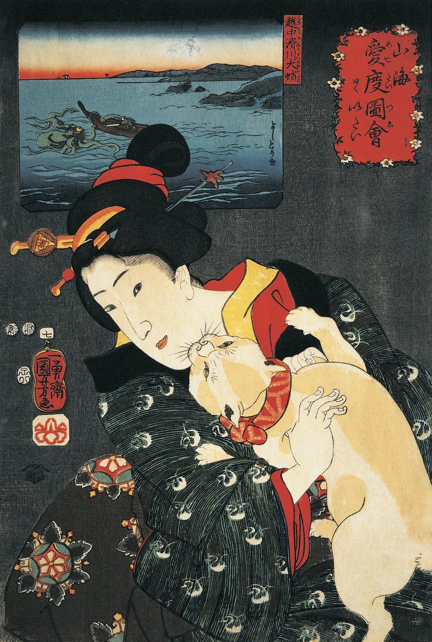 Nærbillede af en ung kvinde med en kat i armene af Utagawa Kuniyoshi