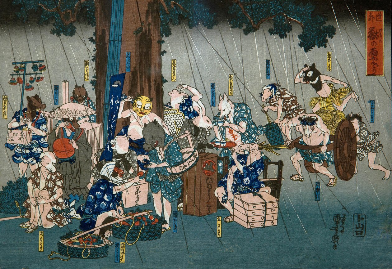 Komiske dyr, der tager ly for regn (Dōke kemono no amayadori), ca. 1842 af Utagawa Kuniyoshi
