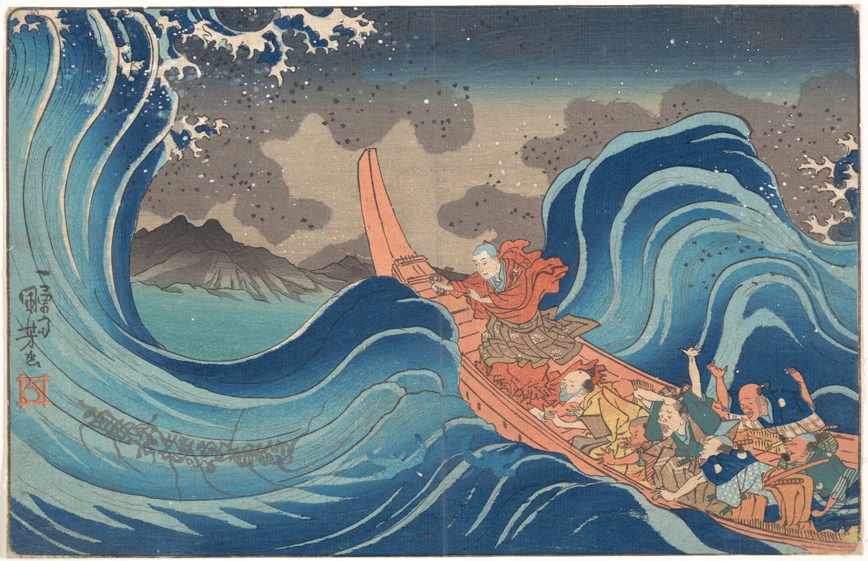 Kortfattet, illustreret biografi om munken Nichiren: Beroligelse af det stormfulde hav ved Tsunoda under eksil på øen Sado af Utagawa Kuniyoshi