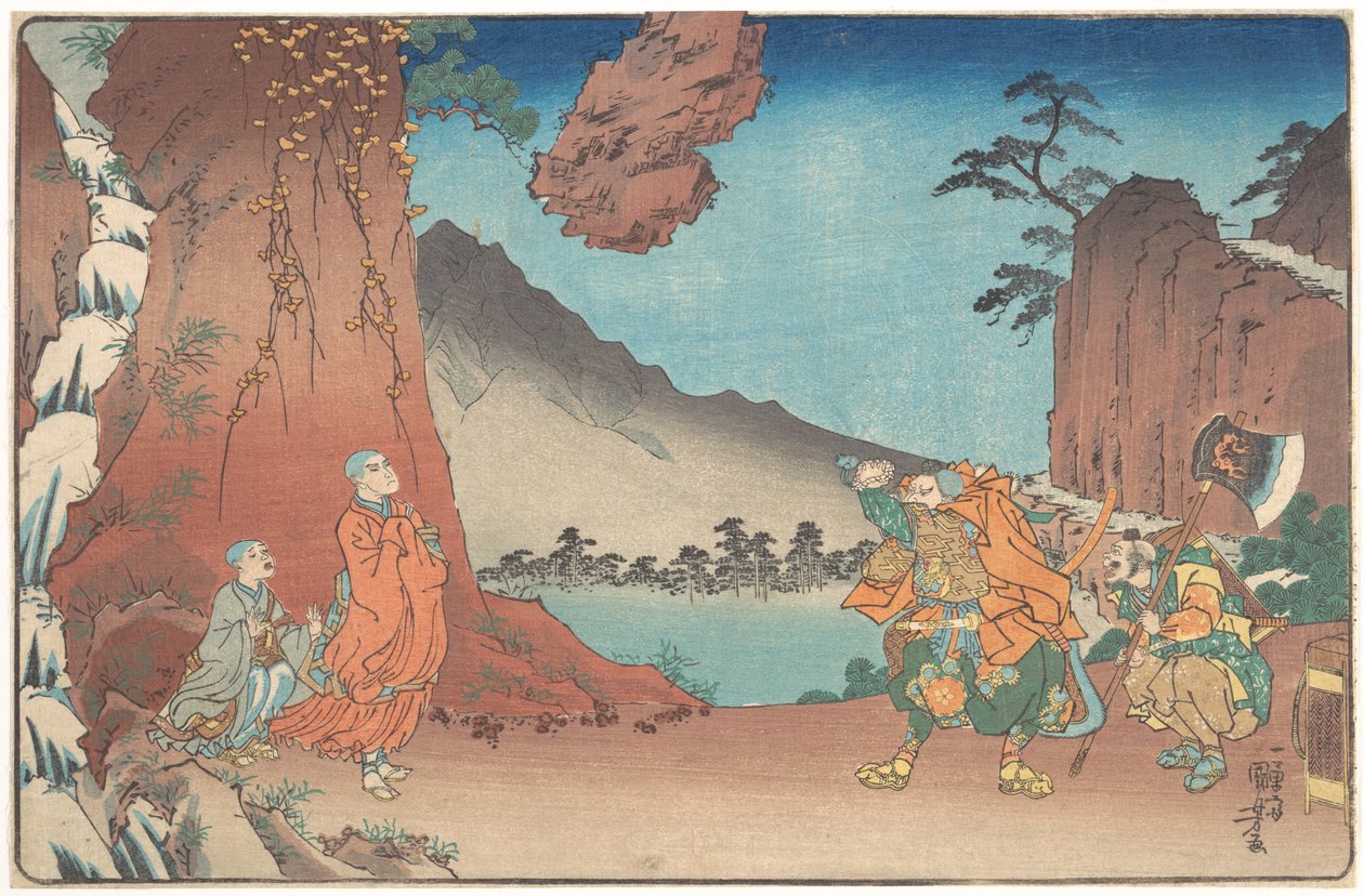 Kortfattet, illustreret biografi om munken Nichiren: Klippen, der holdes svævende ved bønnens kraft på Komuro-bjerget af Utagawa Kuniyoshi