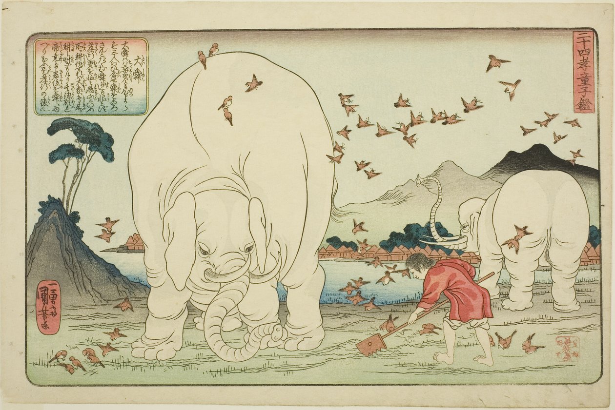 Dashun (Taishun), fra serien "Twenty-fire Paragons of Filial Piety as a Mirror for Children (Nijushiko doji kagami)" af Utagawa Kuniyoshi