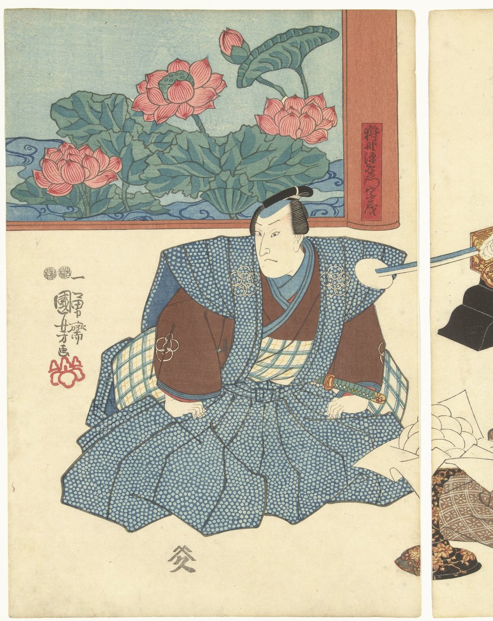 Tre skuespillere ved en foldeskærm af Utagawa Kuniyoshi