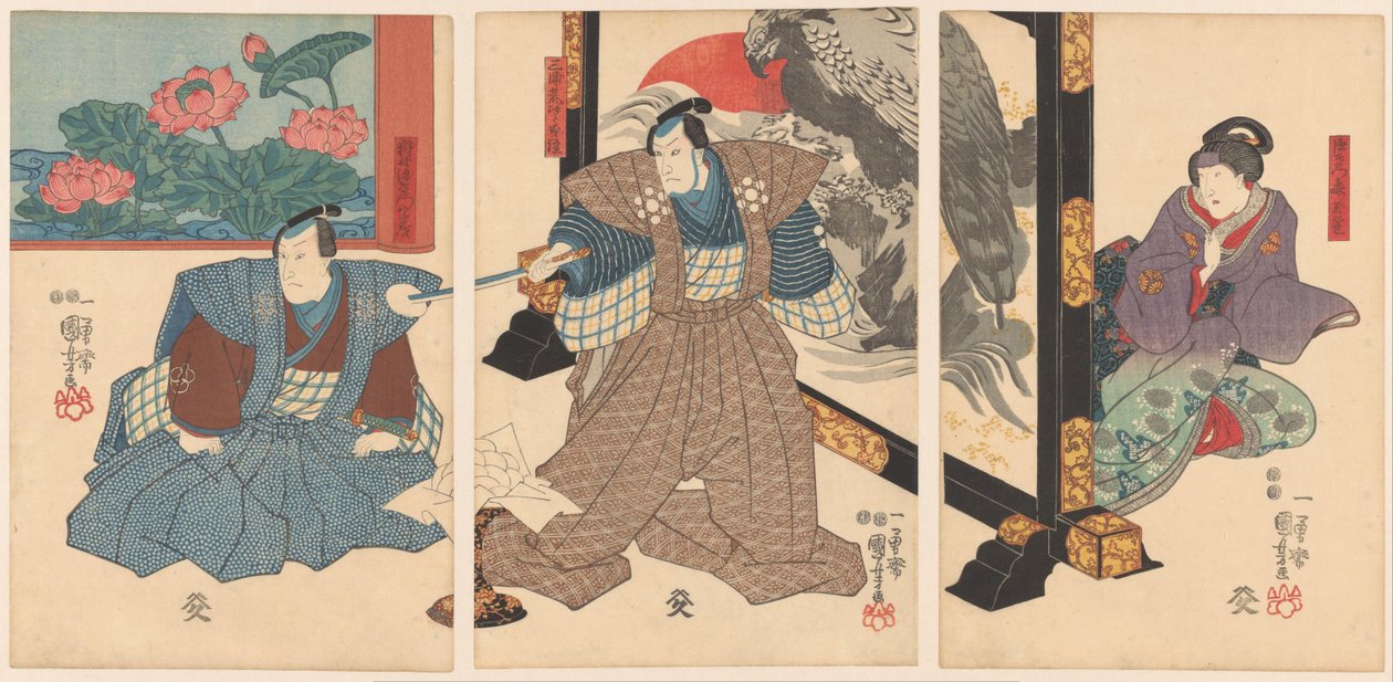 Tre skuespillere ved en foldeskærm af Utagawa Kuniyoshi