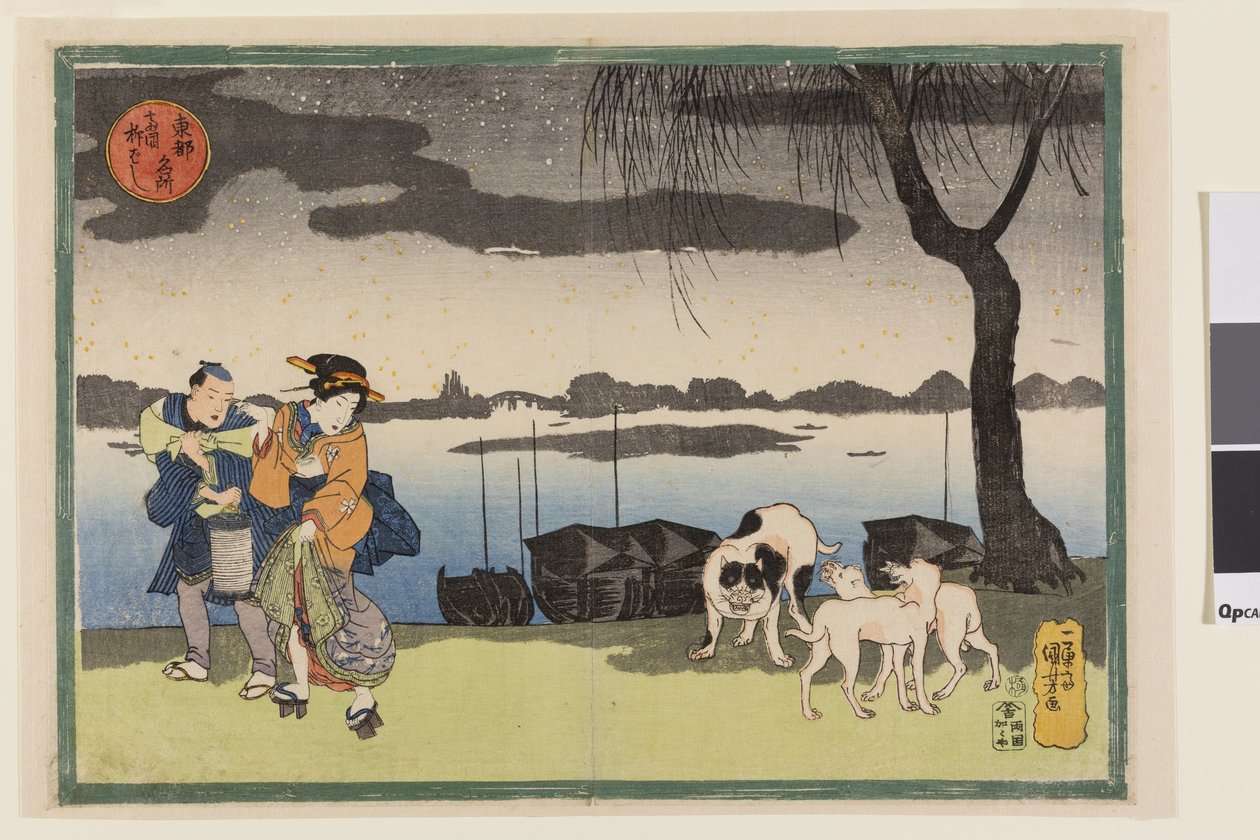 Geisha, ledsager og tre hunde nær Yanagi-broen ved Ryogoku, fra serien Famous Views of the Eastern Capital, ca. 1834 (farvetræsnit "nishiki-e"; blæk og farve på papir) af Utagawa Kuniyoshi