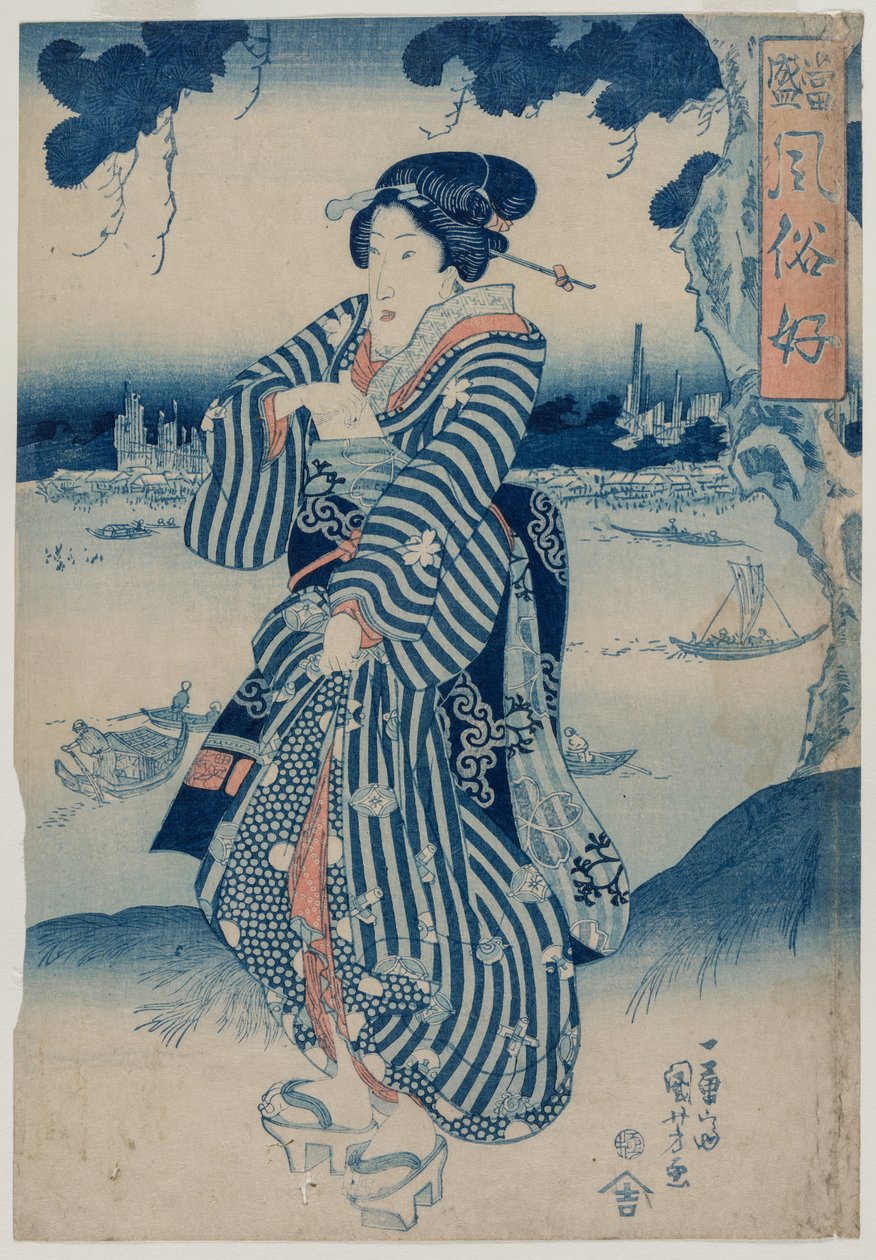 Geisha står på bredden af Sumida-floden (fra serien People Who Like the Latest Fashion and Manners) af Utagawa Kuniyoshi