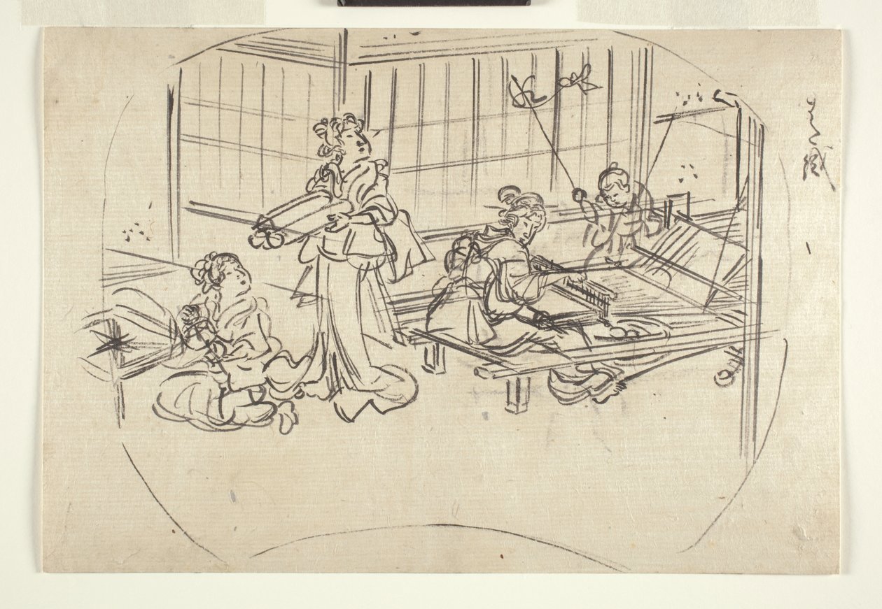 Hataori (vævning på en væv) ca. 1840 (blæk på papir) af Utagawa Kuniyoshi
