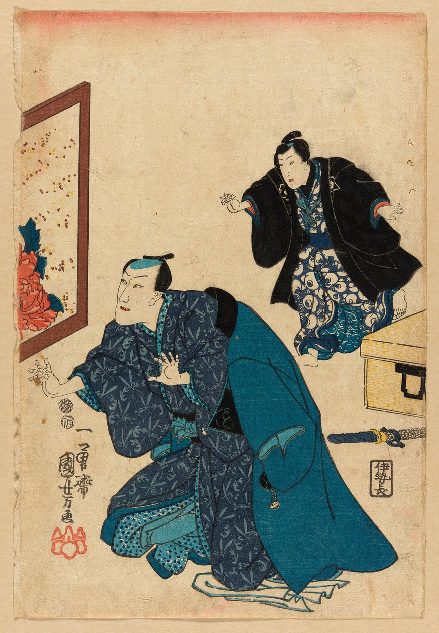 Ichikawa Danjuro VII foran en skærm dekoreret med pæoner af Utagawa Kuniyoshi