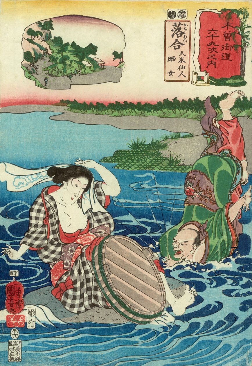 Kume Sennin falder i en flod ved synet af en barbarmet kvinde, der sidder på huk på en klippe, Station 45, udgivet af Hayashi Shoehi (træblok i farver) af Utagawa Kuniyoshi