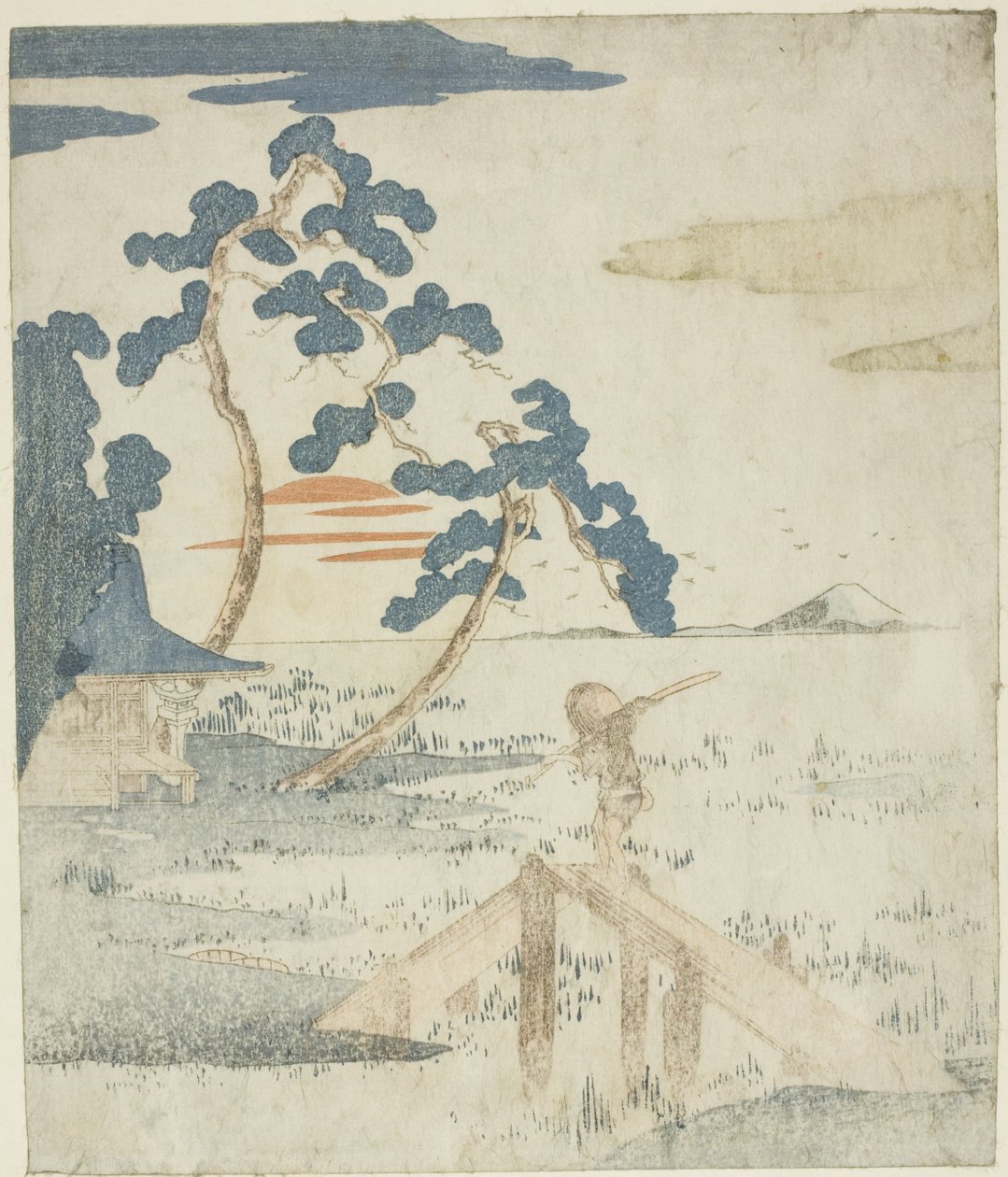 Man Crossing a Bridge as the Sun Rises, fra en titelløs udgave (uden poesi) af illustrationerne til serien "Five Prints of Mount Fuji (Fuji goban no uchi)" af Utagawa Kuniyoshi