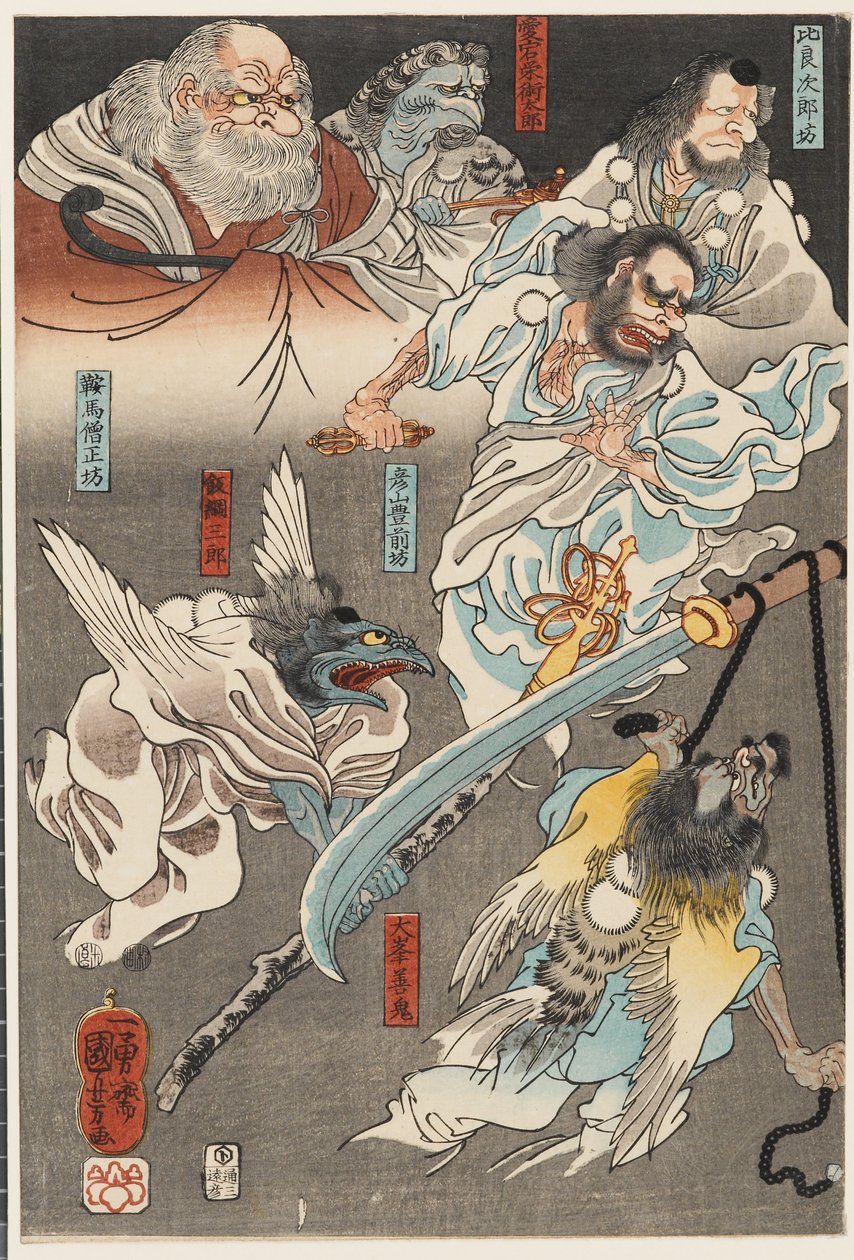 Minamoto Yoshitsune kæmper mod Benkei på Gojō-broen med hjælp fra tengu-dæmoner af Utagawa Kuniyoshi