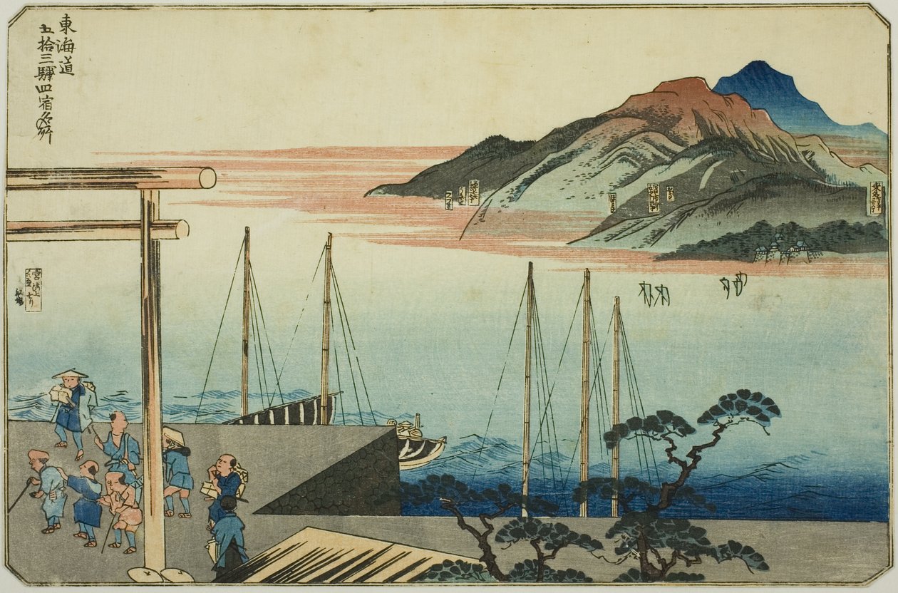 Miya, Kuwana, Yokkaichi og Ishiyakushi, fra serien "Famous Places on the Fifty-tre Stations of the Tokaido, Four Stations (Tokaido gojusan eki yonshuku meisho)" af Utagawa Kuniyoshi