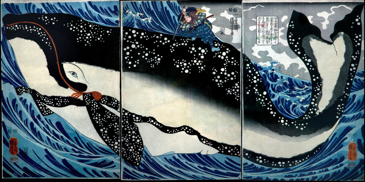 Miyamoto Musashi dræber en enorm hval, ca. 1847 af Utagawa Kuniyoshi