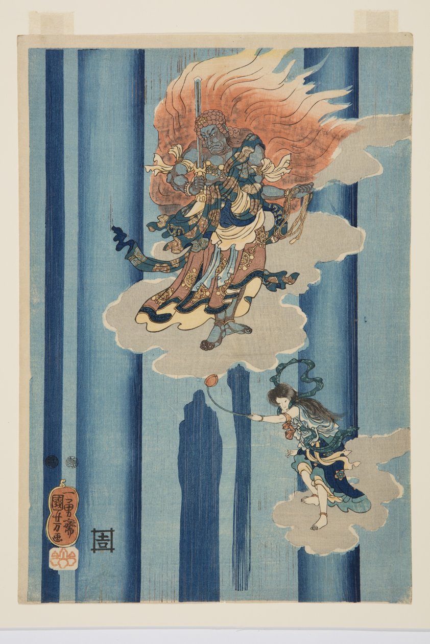 Mongaku Shonin under vandfaldet (midten) (træbloktryk i farver) af Utagawa Kuniyoshi