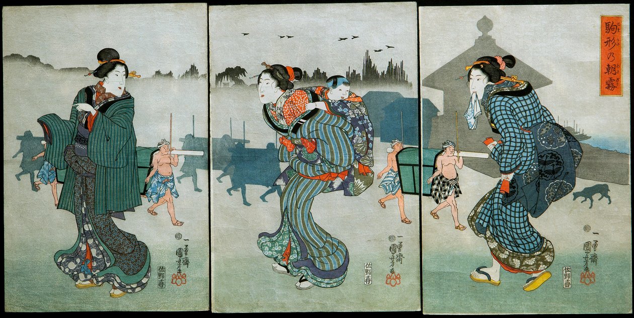 Morning Mist at Komagata (Komagata no asagiri): Forlystelser af de fire årstider (Shiki yūkan), ca. 1846 af Utagawa Kuniyoshi