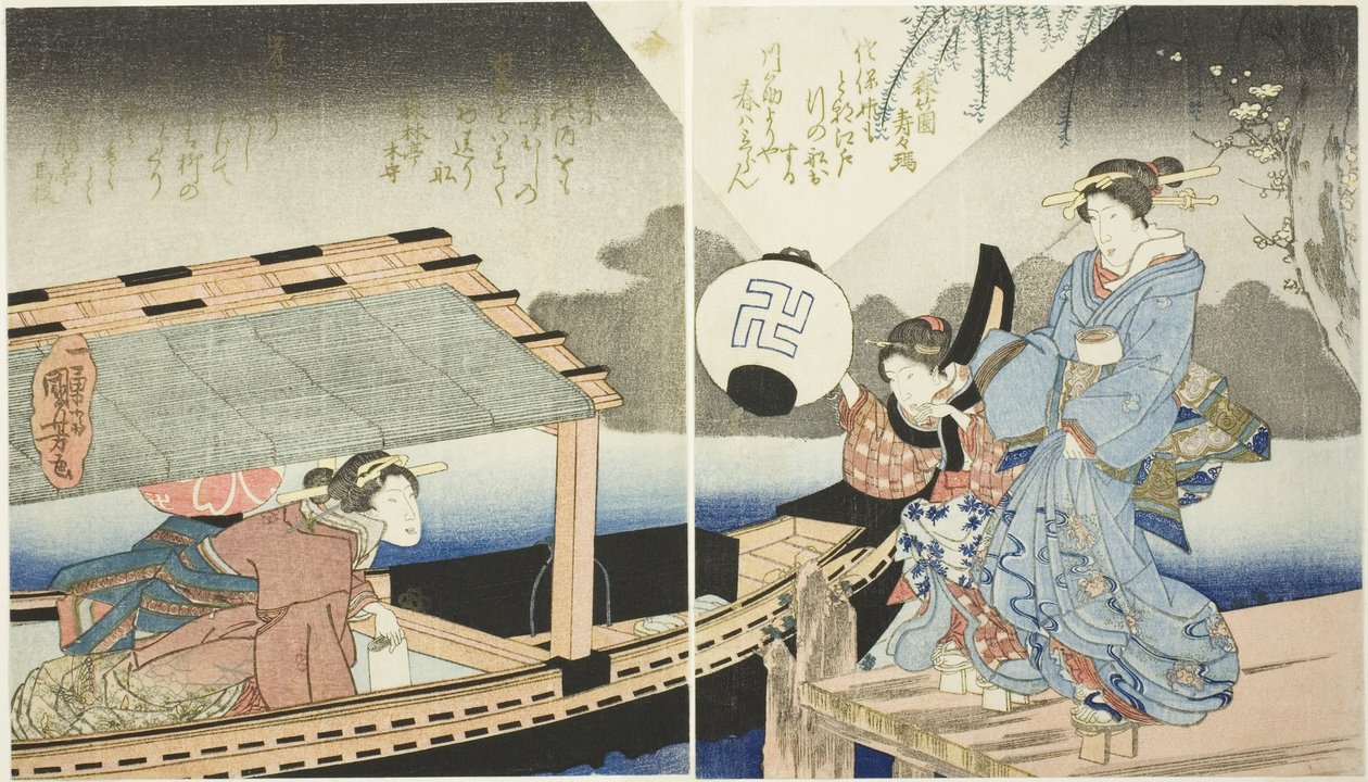Nattescene om bord på en lystbåd af Utagawa Kuniyoshi