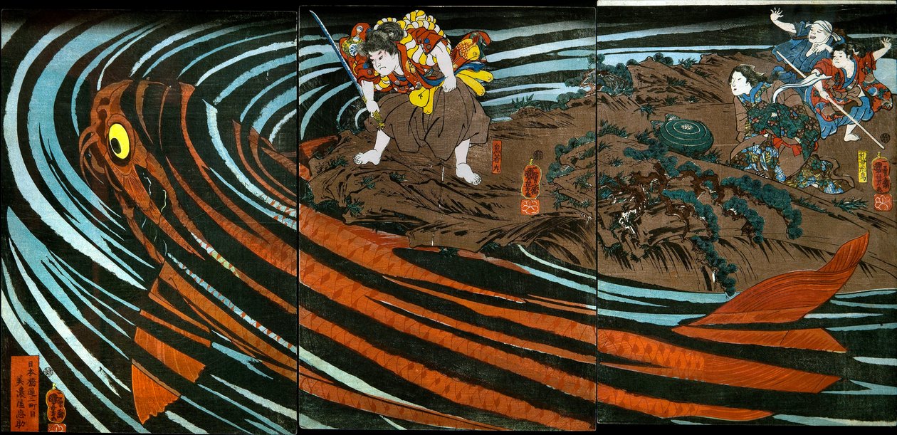 Oniwaka-maru ved at angribe den monstrøse karpe af Utagawa Kuniyoshi