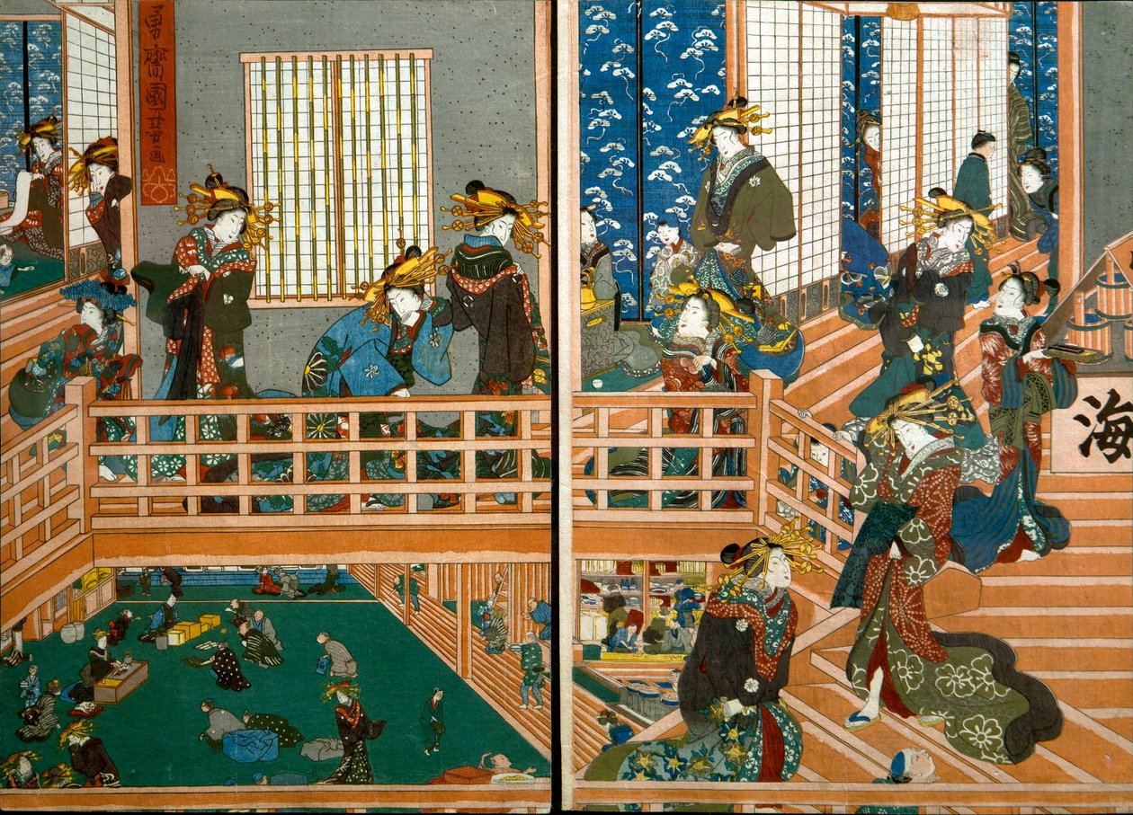 Overhead View af ovenpå Kado-Ebiya af Utagawa Kuniyoshi